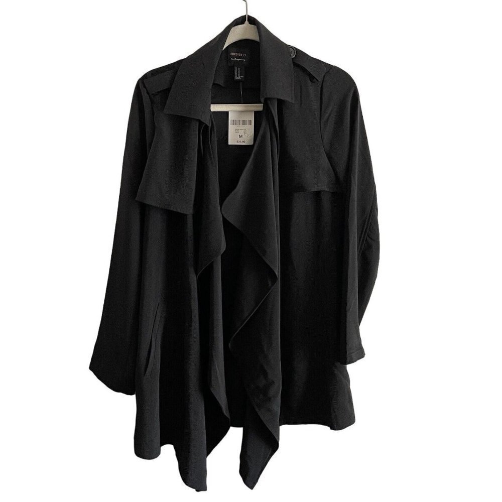 Forever 21 Wmn M Black Cape Style Open Front Casual L/S Med Length Jacket NWT/D*